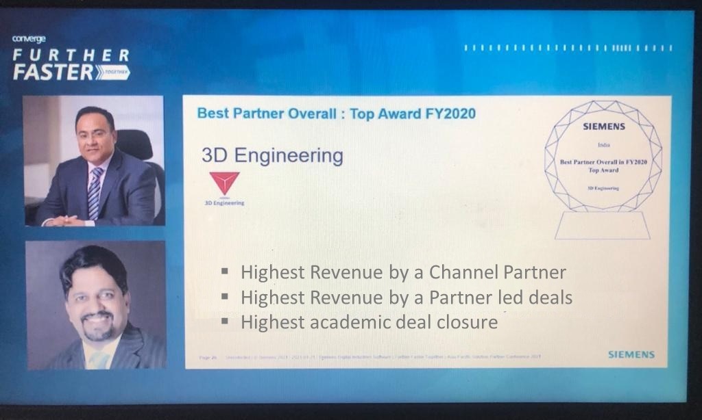 3D Engineering has been awarded the Best Partner Award FY 2020 by Siemens Digital Industries Software India Pvt Ltd