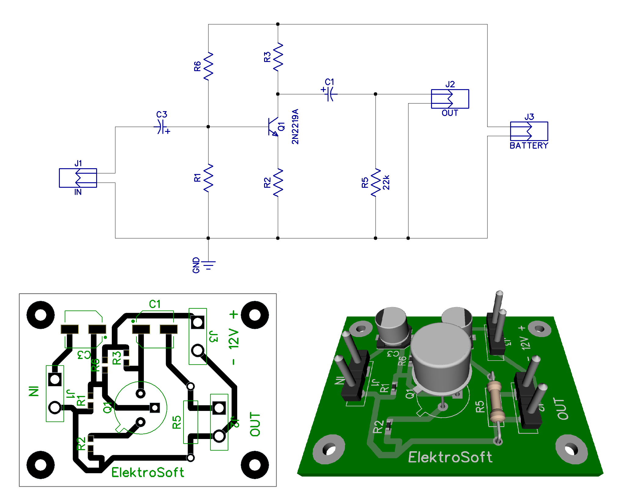 Elektrische Zeichnung eines Transistorverstärkers und dessen Aufbau.